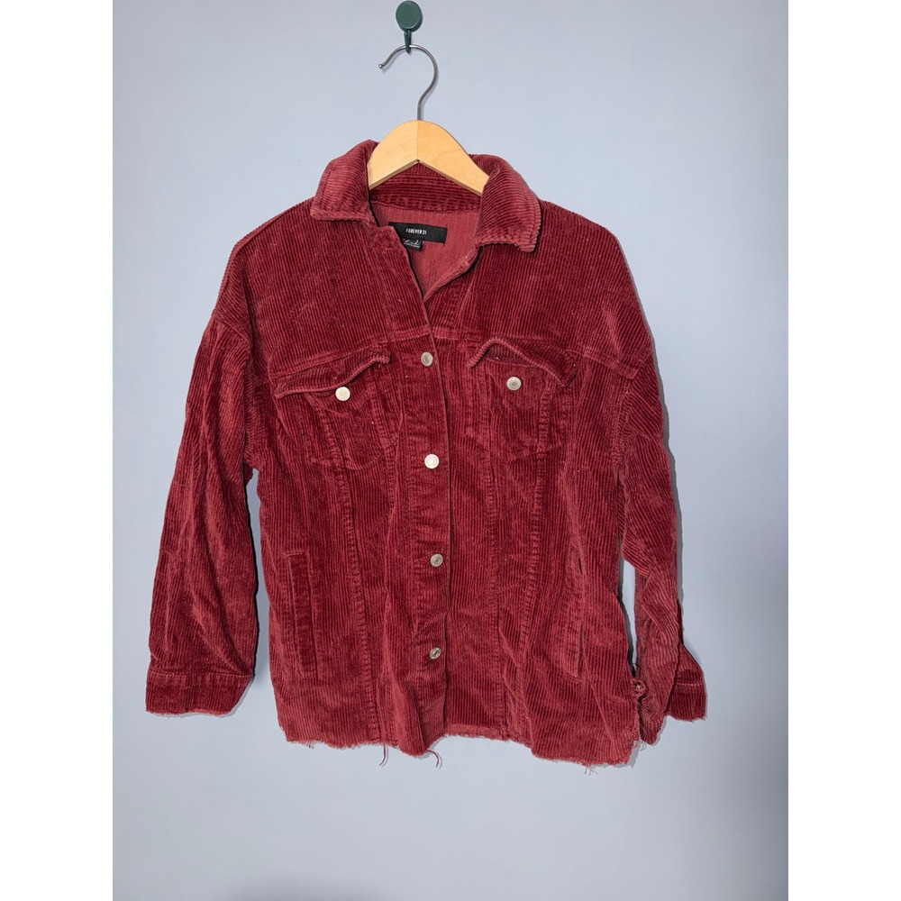 Forever 21‎ Burgundy Corduroy Trucker Jacket Raw Hem Small Maroon Shacket